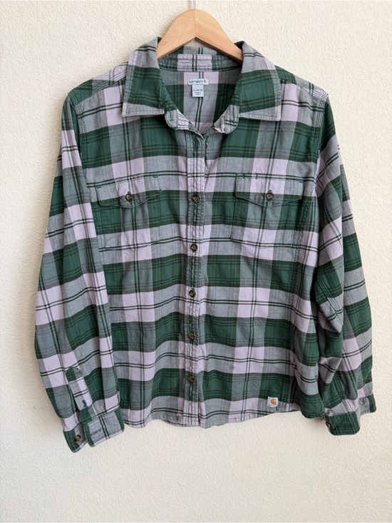 Carhartt Tops - Carhartt Hamilton Flannel Shirt II XL 16/18 Green Gray Plaid Relaxed Fit Cotton